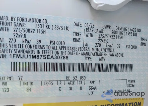 2025 Ford Expedition Platinum из США, поврежденный, VIN 1FMJU1M87SEA30788